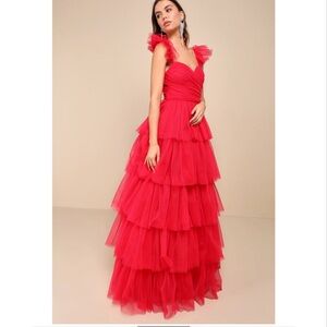 Lulus Fabulous Poise Bright Red Tulle Ruffled Tiered Maxi Dress Prom NWT XL